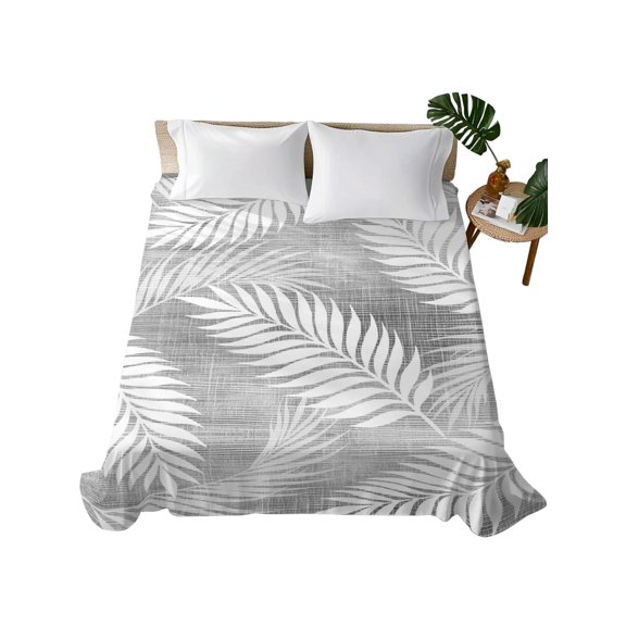 Queen Flat Sheet Grey Linen Palm Leaves Flat Sheets Only Soft Breathable Microfiber Bedding Top Sheets Luxury Hotel Quality Tropical Ferns Fronds Queen Bed Sheet for All Season Bedroom Dorm