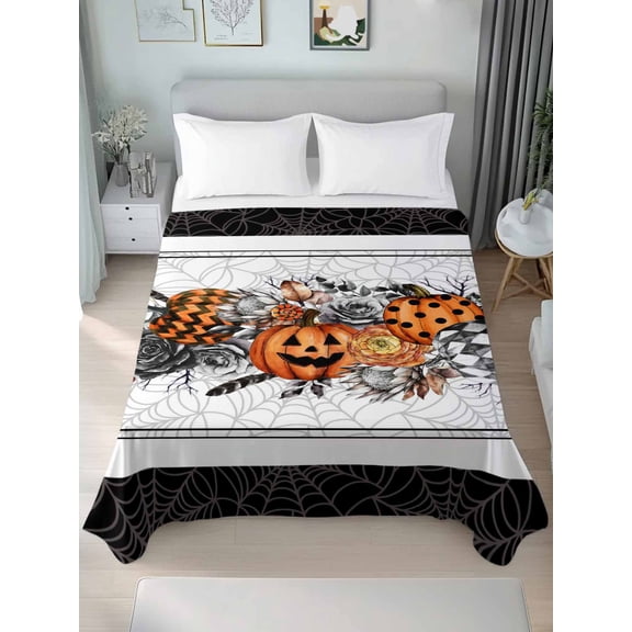 Queen Flat Sheet Only Halloween Orange Ghost Pumpkin Soft Microfiber Cooling Bedding Sheets Flower Spiderweb on White Black Flat Bed Sheet for Hotel,Home Decor