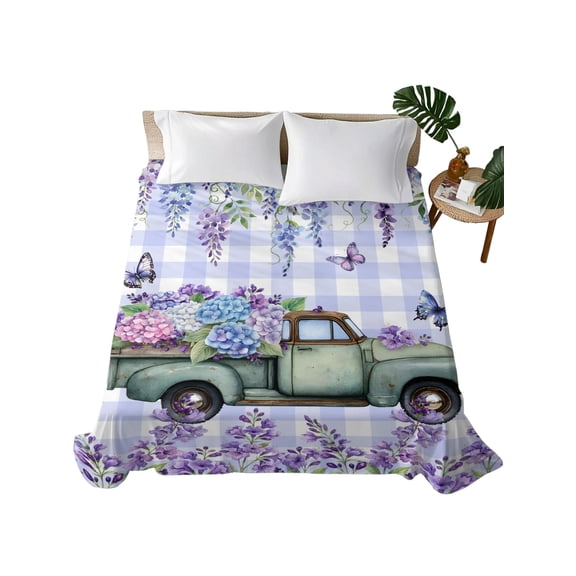 Queen Flat Sheet Lavender Truck Flat Sheets Only Soft Breathable Microfiber Bedding Top Sheets Luxury Hotel Quality Butterfly Wisteria Flower Purple Plaid Queen Bed Sheet for All Season Bedroom Dorm