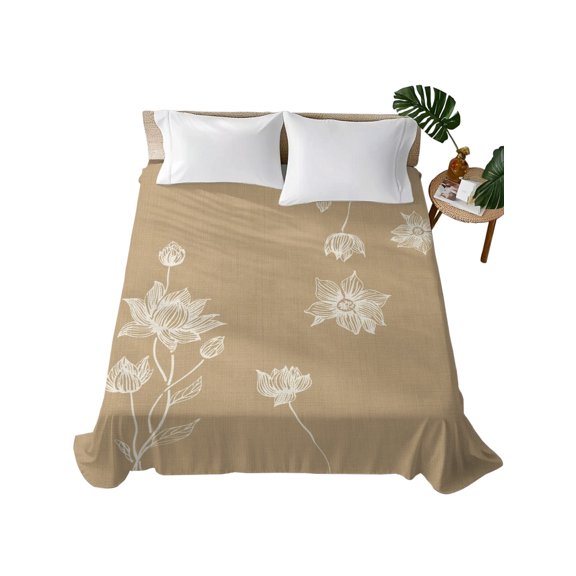 Queen Flat Sheet Lotus Flowers Flat Sheets Only Soft Breathable Microfiber Bedding Top Sheets Luxury Hotel Quality Harmony Floral Khaki Queen Bed Sheet for All Season Bedroom Dorm Home Decor