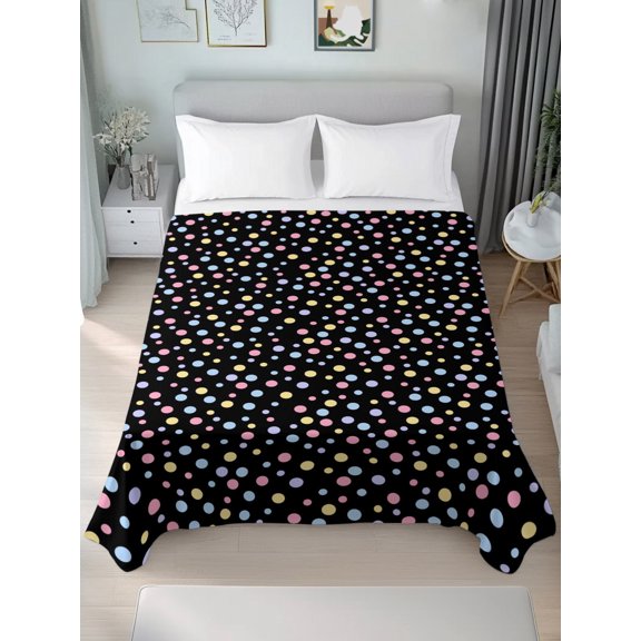 Queen Flat Sheet Only Modern Colorful Polka Dot on Black Soft Microfiber Cooling Bedding Sheets Farm Minimalist Art Flat Bed Sheet for Hotel, Home Decor