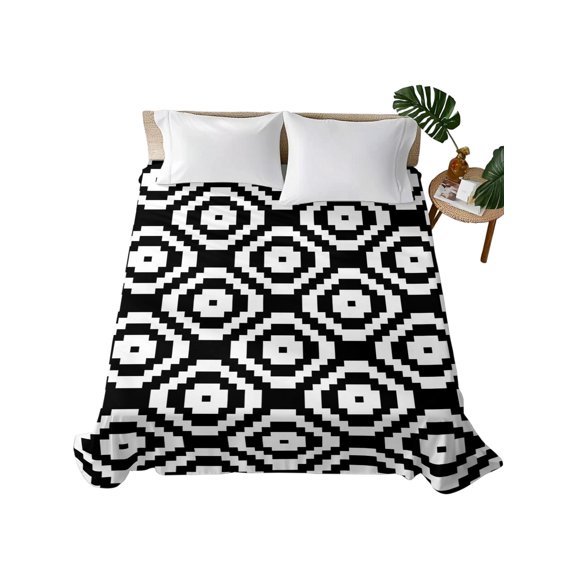Queen Flat Sheet Modern Geometric Flat Sheets Only Soft Breathable Microfiber Bedding Top Sheets Luxury Hotel Quality Black Square Art Queen Bed Sheet for All Season Bedroom Dorm Home Decor
