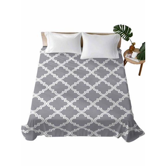 Queen Flat Sheet Moroccan Pattern Flat Sheets Only Soft Breathable Microfiber Bedding Top Sheets Luxury Hotel Quality Geometric Trellis Grey Queen Bed Sheet for All Season Bedroom Dorm Home Decor