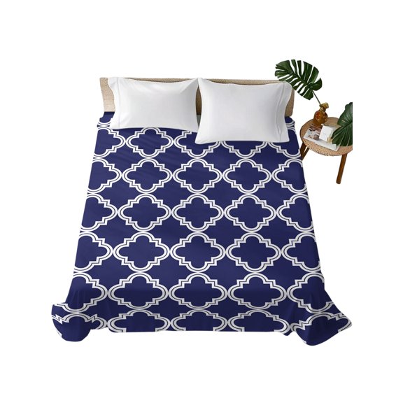 Queen Flat Sheet Moroccan Pattern Flat Sheets Only Soft Breathable Microfiber Bedding Top Sheets Luxury Hotel Quality Geometric Trellis Navy Blue Queen Bed Sheet for All Season Bedroom Dorm