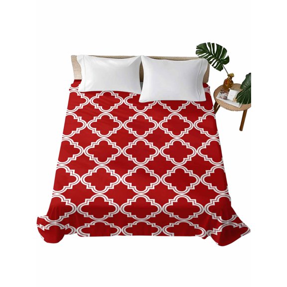 Queen Flat Sheet Moroccan Pattern Flat Sheets Only Soft Breathable Microfiber Bedding Top Sheets Luxury Hotel Quality Geometric Trellis Red Queen Bed Sheet for All Season Bedroom Dorm Home Decor