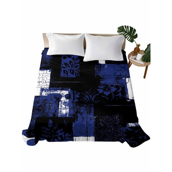 Queen Flat Sheet Navy Blue Black Floral Leaves Flat Sheets Only Soft Breathable Microfiber Bedding Top Sheets Luxury Hotel Quality Boho Plaid Collage Queen Bed Sheet for All Season Bedroom Dorm