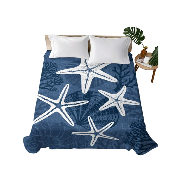 Queen Flat Sheet Navy Blue Linen Ocean Starfish Flat Sheets Only Soft Breathable Microfiber Bedding Top Sheets Luxury Hotel Quality Coastal Coral Conch Queen Bed Sheet for All Season Bedroom Dorm