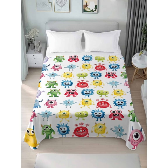 Queen Flat Sheet Only Abstract Cartoon Monsters Soft Microfiber Cooling Bedding Sheets Seamless Colorful Cute Alien Flat Bed Sheet