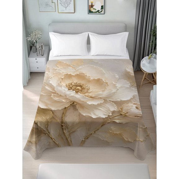 Queen Flat Sheet Only Boho White Peonies Flowers Soft Microfiber Cooling Bedding Sheets Country Floral Art Flat Bed Sheet for Hotel,Home Decor