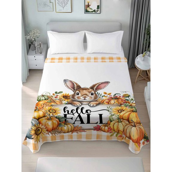 Queen Flat Sheet Only Cartoon Cute Rabbit Soft Microfiber Cooling Bedding Sheets Hello Fall Pumpkins Sunflowers Flat Bed Sheet for Hotel,Home Decor