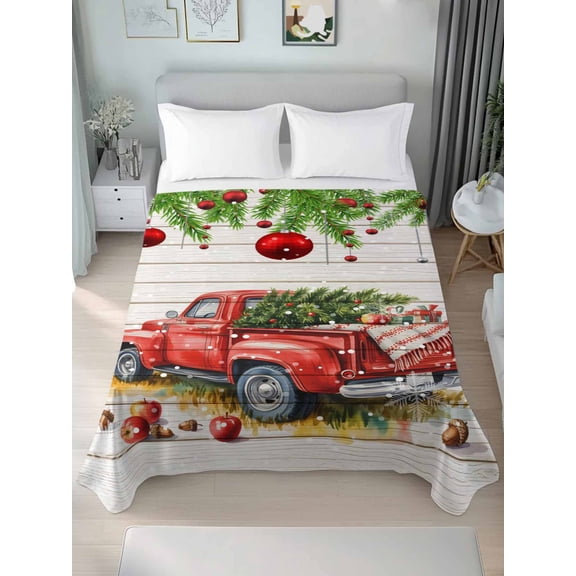 Queen Flat Sheet Only Christmas Ball on Top Soft Microfiber Cooling Bedding Sheets Red Pickup Truck Christmas Tree Flat Bed Sheet