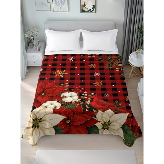 Queen Flat Sheet Only Christmas Poinsettia Bird Soft Microfiber Cooling Bedding Sheets Red Black Plaid Flat Bed Sheet for Hotel, Home Decor
