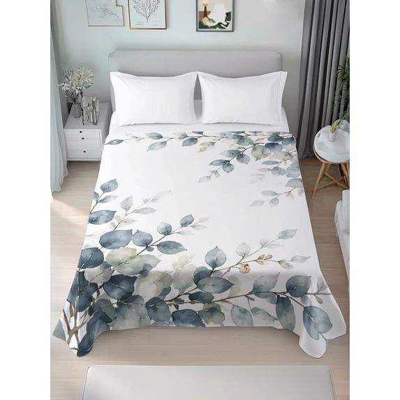 Queen Flat Sheet Only Country Eucalyptus Leaf Soft Microfiber Cooling Bedding Sheets Watercolor Light Blue Leaves Flat Bed Sheet for Hotel,Home Decor