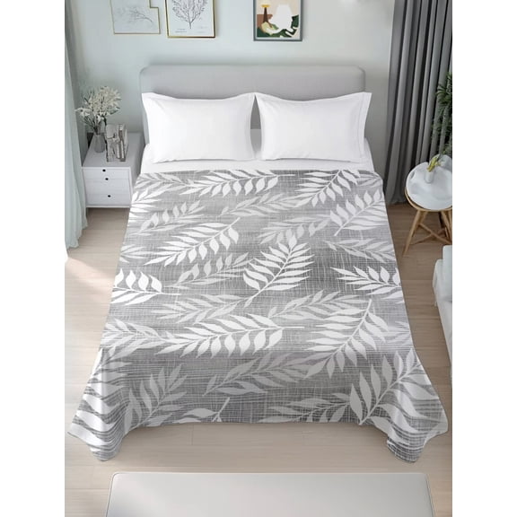 Queen Flat Sheet Only Country Leaf on Gray Soft Microfiber Cooling Bedding Sheets Farmhouse Leaves Retro Linen Texture Flat Bed Sheet