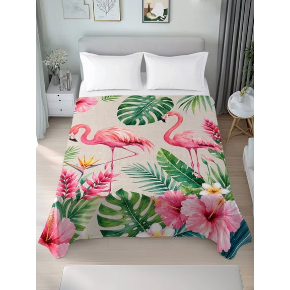 Queen Flat Sheet Only Flamingo Coastal Monstera Floral Soft Microfiber Cooling Bedding Sheets Summer Tropical Leaves Flat Bed Sheet
