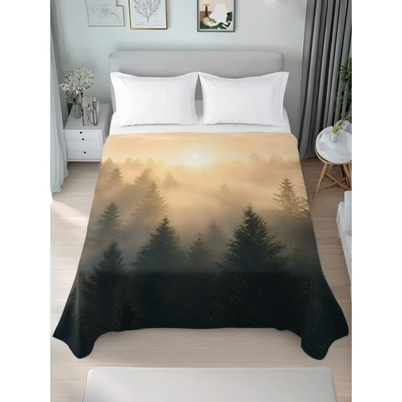 Queen Flat Sheet Only Forest Pine Tree Sunlight Soft Microfiber Cooling Bedding Sheets Rustic Natural Landscape Flat Bed Sheet for Hotel,Home Decor