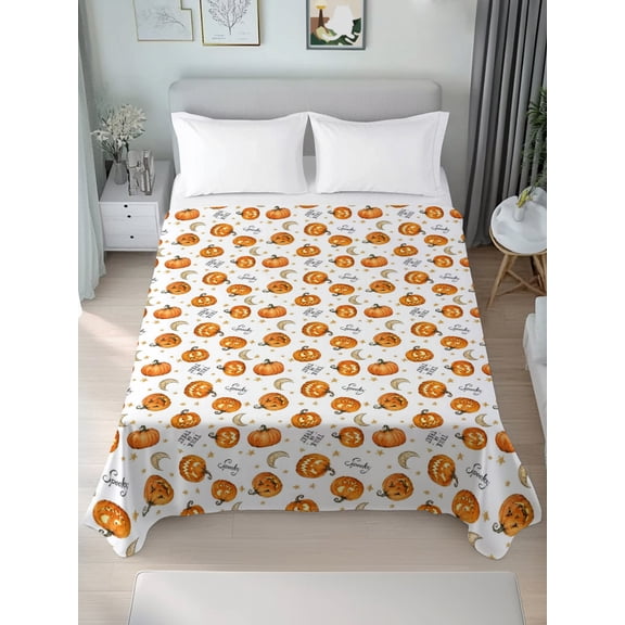 Queen Flat Sheet Only Halloween Ghost Pumpkin Moon Seamless Soft Microfiber Cooling Bedding Sheets Orange Flat Bed Sheet for Hotel,Home Decor