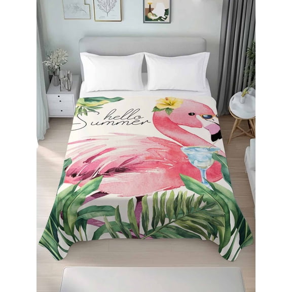 Queen Flat Sheet Only Hello Summer Pink Flamingo Soft Microfiber Cooling Bedding Sheets Tropical Palm Leaf Flower Flat Bed Sheet