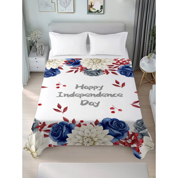 Queen Flat Sheet Only Independence Day Flower Leaf Soft Microfiber Cooling Bedding Sheets White Blue Gray Floral Red Leaves Flat Bed Sheet