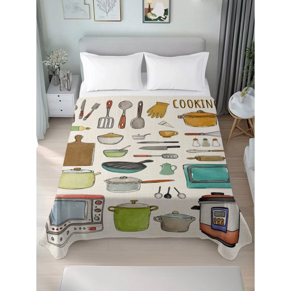 Queen Flat Sheet Only Kitchen Cooking Kitchenware Cartoon Style Soft Microfiber Cooling Bedding Sheets Retro Linen Flat Bed Sheet