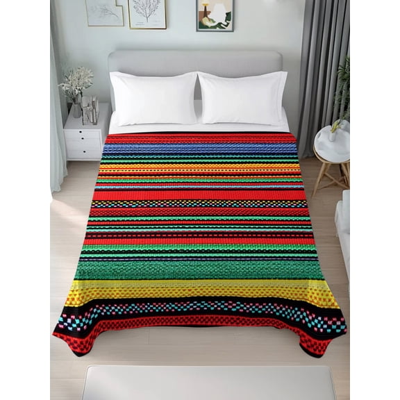 Queen Flat Sheet Only Mexican Colorful Stripes Soft Microfiber Cooling Bedding Sheets Rainbow Lines Ethnic Style Flat Bed Sheet