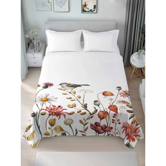 Queen Flat Sheet Only Pastoral Wildflowers Bird Soft Microfiber Cooling Bedding Sheets Country Floral Art Flat Bed Sheet
