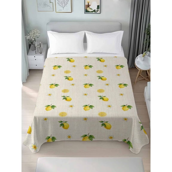 Queen Flat Sheet Only Pastoral Yellow Lemon Flower Soft Microfiber Cooling Bedding Sheets Summer Fruit Retro Linen Flat Bed Sheet