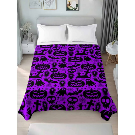 Queen Flat Sheet Only Pumpkin Ghost Skull Tombstone Soft Microfiber Cooling Bedding Sheets Halloween Purple Black Flat Bed Sheet for Hotel,Home Decor