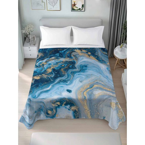 Queen Flat Sheet Only Retro Abstract Blue Marble Stone Soft Microfiber Cooling Bedding Sheets Modern Liquid Texture Flat Bed Sheet