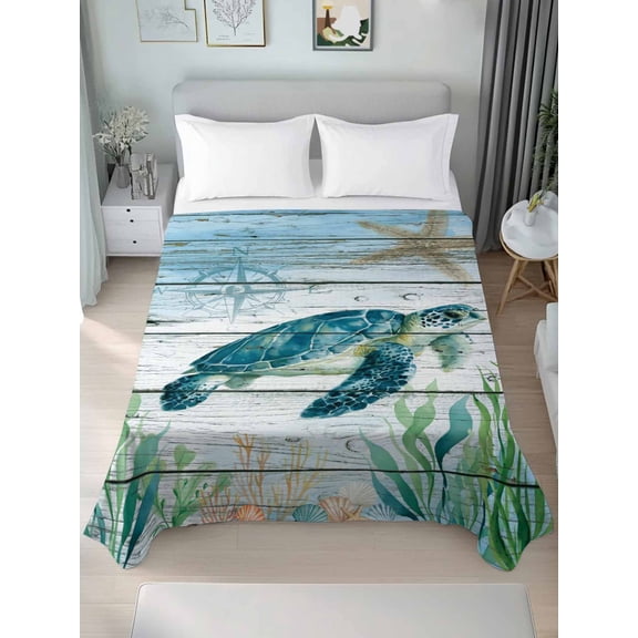 Queen Flat Sheet Only Sea Turtle Seagrass Starfish Soft Microfiber Cooling Bedding Sheets Nautical Compass Blue Gradient Flat Bed Sheet