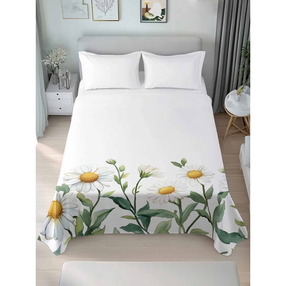 Queen Flat Sheet Only Spring Watercolor Daisy Flower Soft Microfiber Cooling Bedding Sheets Garden White Floral Green Leaves Flat Bed Sheet