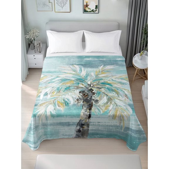 Queen Flat Sheet Only Summer Country Palm Tree Soft Microfiber Cooling Bedding Sheets Abstract Tropical Leaves Flat Bed Sheet for Hotel,Home Decor