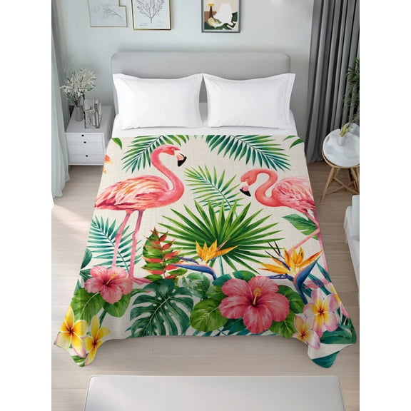Queen Flat Sheet Only Summer Flamingo Tropical Plant Soft Microfiber Cooling Bedding Sheets Watercolor Flower Leaves on Flax Flat Bed Sheet