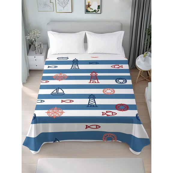Queen Flat Sheet Only Summer Sailboat Compass Fish Soft Microfiber Cooling Bedding Sheets Blue White Striped Flat Bed Sheet for Hotel,Home Decor