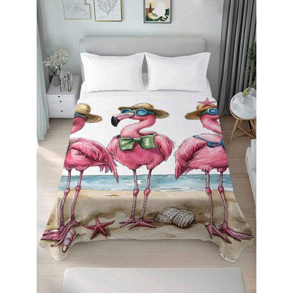 Queen Flat Sheet Only Summer Seaside Beach Flamingo Soft Microfiber Cooling Bedding Sheets Watercolor Shell Hat Bow Flat Bed Sheet