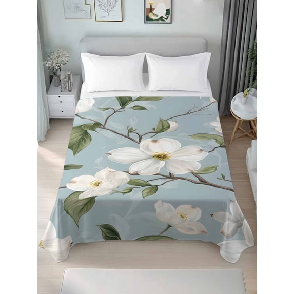Queen Flat Sheet Only Summer White Gardenia Leaf Soft Microfiber Cooling Bedding Sheets Rustic Blossom Floral Plant Flat Bed Sheet