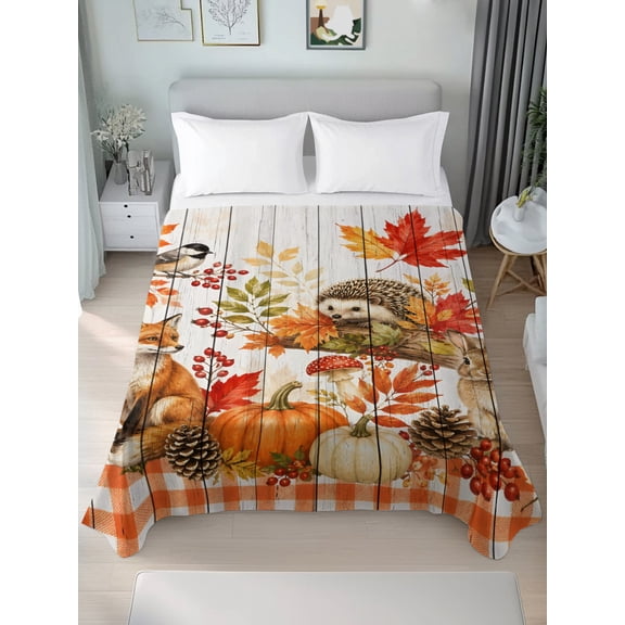 Queen Flat Sheet Only Thanksgiving Red Fox Rabbit Hedgehog Soft Microfiber Cooling Bedding Sheets Maple Leaves Flat Bed Sheet for Hotel,Home Decor