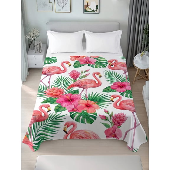 Queen Flat Sheet Only Tropical Pink Flamingo Flower Leaf Soft Microfiber Cooling Bedding Sheets Summer Botanical Flat Bed Sheet for Hotel, Home Decor