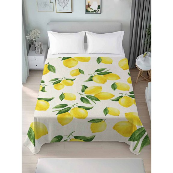 Queen Flat Sheet Only Yellow Lemon Watercolor Botanical Soft Microfiber Cooling Bedding Sheets Farmhouse Retro Linen Flat Bed Sheet