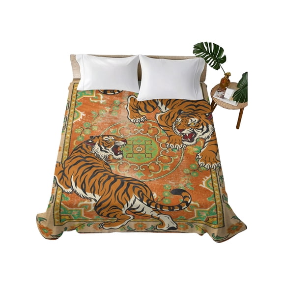 Queen Flat Sheet Orange Boho Tiger Flat Sheets Only Soft Breathable Microfiber Bedding Top Sheets Luxury Hotel Quality Bohemian Animal Print Queen Bed Sheet for All Season Bedroom Dorm Home Decor