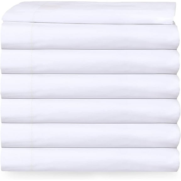 Queen Flat Sheet only Pack of 6 Bulk (90 x 110 Inches) White Polycotton T-200 Percale Weave - Top Bed Sheet for Home Bedding, Hospital, Massage Table Hotel, Easy Care, Soft Feel