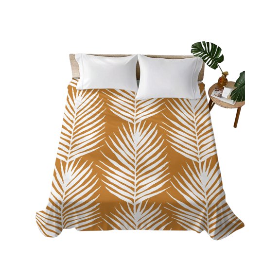 Queen Flat Sheet Palm Leaves Flat Sheets Only Soft Breathable Microfiber Bedding Top Sheets Luxury Hotel Quality Orange Tropical Ferns Nature Plant Queen Bed Sheet for All Season Bedroom Dorm