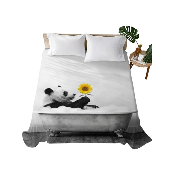 Queen Flat Sheet Panda Giraffe Shower on Bathtub Flat Sheets Only Soft Breathable Microfiber Bedding Top Sheets Luxury Hotel Quality Sunflower Funny Animal Queen Bed Sheet for All Season Bedroom