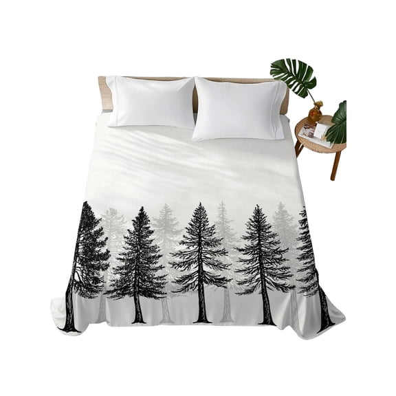 Queen Flat Sheet Pine Tree Forest Flat Sheets Only Soft Breathable Microfiber Bedding Top Sheets Luxury Hotel Quality Black Woodland Landscape Queen Bed Sheet for All Season Bedroom Dorm Home Decor