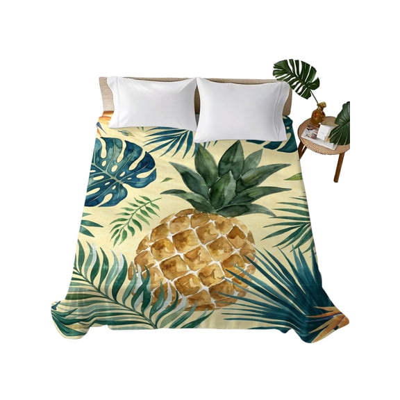 Queen Flat Sheet Pineapple Flat Sheets Only Soft Breathable Microfiber Bedding Top Sheets Luxury Hotel Quality Summer Fruit Tropical Palm Leaves Queen Bed Sheet for All Season Bedroom Dorm