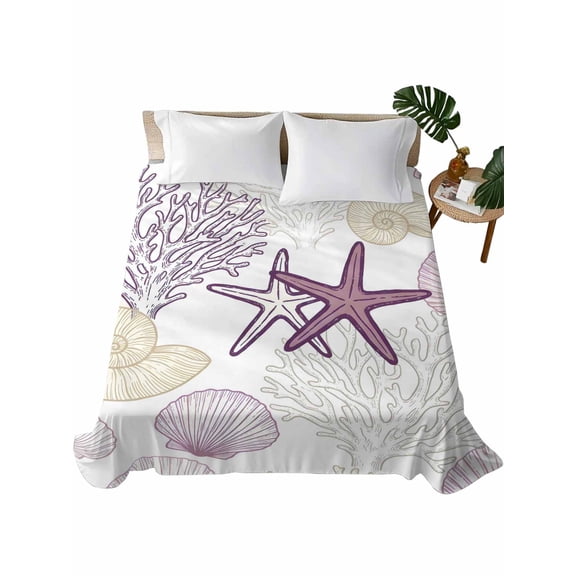 Queen Flat Sheet, Pink Coastal Queen Bed Sheets Only, Soft Microfiber Flat Sheet, Summer Beach Starfish Coral Shell Nautical Hotel Quality Bedding Top Sheet Bedroom Home Dorm Decor