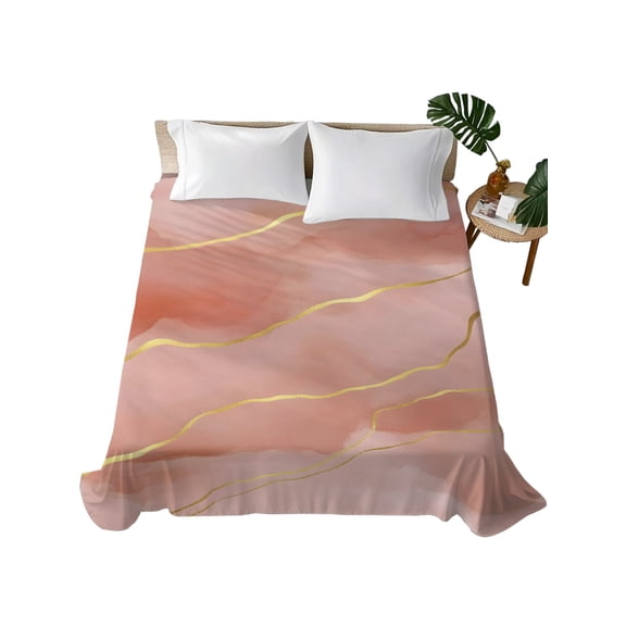 Queen Flat Sheet Pink Marble Gold Veins Flat Sheets Only Soft Breathable Microfiber Bedding Top Sheets Luxury Hotel Quality Modern Abstract Fluid Queen Bed Sheet for All Season Bedroom Dorm