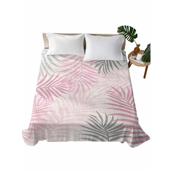 Queen Flat Sheet Pink Palm Leaves Flat Sheets Only Soft Breathable Microfiber Bedding Top Sheets Luxury Hotel Quality Summer Tropical Leaf Plant Queen Bed Sheet for All Season Bedroom Dorm