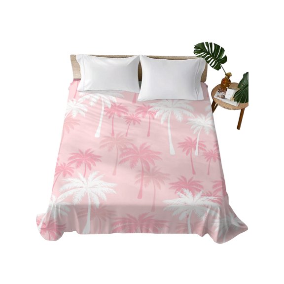 Queen Flat Sheet Pink Tropical Palm Tree Flat Sheets Only Soft Breathable Microfiber Bedding Top Sheets Luxury Hotel Quality Summer Beach Queen Bed Sheet for All Season Bedroom Dorm Home Decor