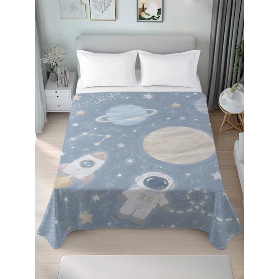 Queen Flat Sheet Only Planet Rocket Astronautss Dreamy Starry Sky Soft Microfiber Cooling Bedding Sheets Cartoon Style Flat Bed Sheet for Hotel, Home Decor